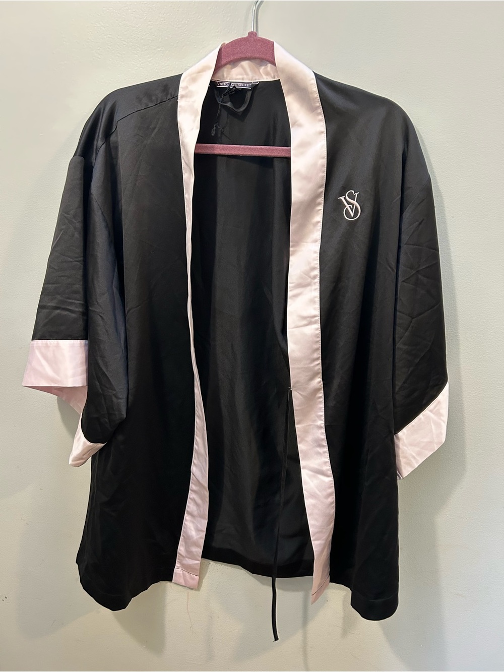 Victoria's Secret Black Satin Kimono Robe with Pink Trim minor spots